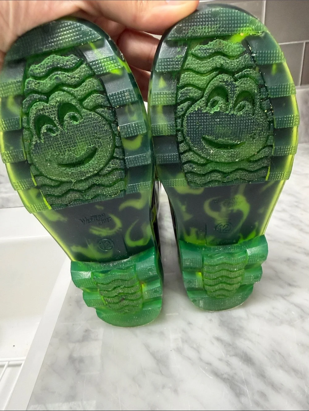 Kids Black & Neon Green Dinosaur Rain Boots